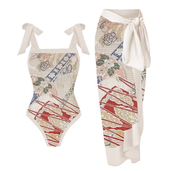  Lanswe Paprasta Vienas Gabalas Moterų Maudymosi Kostiumėlį Derliaus Spausdinimo Apynasrio Bikini Ir Kimono 2023 Naujas Mados Padengti-Iki Maudymosi Kostiumėliai Paplūdimio Spa