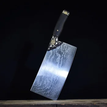  Long quan dvasios rankų damascene virtuvinis peilis senojo stiliaus paauksuota sidabrinė ebony rankena kapojimo dvi paskirties peilis virėjo peilis