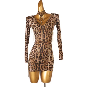  Lotynų Šokių Suknelė ilgomis Rankovėmis kalnų krištolas Pakraštyje Leopard 