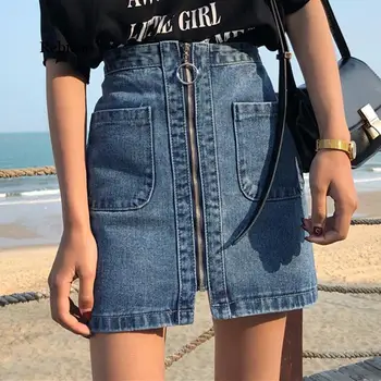  Mados džinsinio audinio su užtrauktuku moterų mini sijonas vasaros aukšto juosmens-line moterų džinsai atsitiktinis korėjos aukštos kokybės mujer sijonas