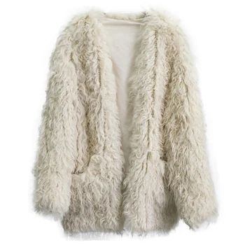  Moteris Ilgai Avių Kailių Paltai žiemos outwear mados moterų kišenėje striukė šilta žiemą šaltas oras naujas atvykti ėriukų kailio megzti paltai
