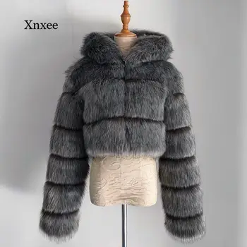  Moterų Naujų Mados Dirbtiniais Fox Fur Coat Didelio Dydžio Trumpas Viršuje Žiemą Storas, Pūkuotas ilgomis Rankovėmis Trumpą Slim Pūkuotas Kailis Kailis
