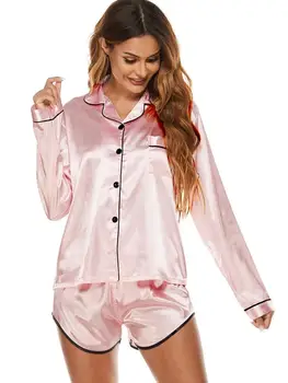  Moterų Šilko Satino Pižama Set Mygtuką Sleepwear ilgomis Rankovėmis Viršų Ir Šortai Loungewear Ponios Pižama Pižamą YUJH1