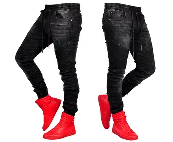  Naujas Aukštos Kokybės Vyrų Black Jeans Naujas Mados Hip-Hop Elastinga Juosmens Džinsinio Audinio Kelnės