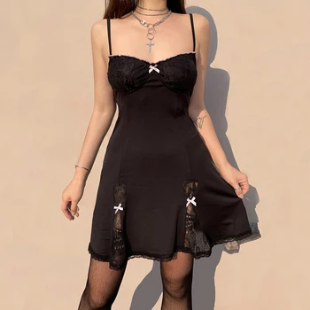  Nėriniai Gotikos Stiliaus Moterų Suknelė Plonomis petnešėlėmis Y2K Seksualus, Gražus Juodos spalvos Berankovė Kratinys Suknelė Mergina Klubo Apranga