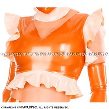  Oranžinės Ir Baltos Seksualus Latekso Pasėlių Viršų Su Ruffles Gumos Marškinėliai Clothings YF-0202