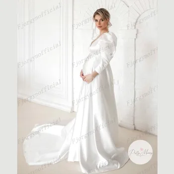  Panašių White Satin Maxi Motinystės Suknelė Photoshoot-Line ilgomis Rankovėmis Nėščia Drabužių Valymo Traukinio Užsakymą Užtrauktukas Atgal