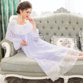  Pižamą Rūmuose Princesė Nėrinių Moterys Miega Suknelė Ilgomis Rankovėmis Sleepwear Lady Plus Size Saldus, Elegantiškas Modalinis Nėrinių Homewear H5543