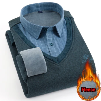  Prabangus storas šiltas megztas megztinis vyrams 2021 Žiemos Naujus Produktus Vyrų netikrą dviejų dalių šiltas marškinių apykaklės Mėlyna juoda žalia juoda