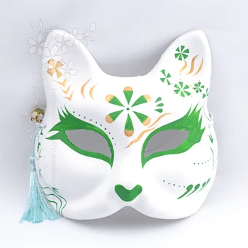 Rankų Darbo Custom Ranka-Dažytos Fox Katės Kaukė Japonų Stiliaus Cos Anime Cosplay Kamuolys Žalia Aukso Gryno Oro