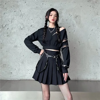  Rosetic Naujas Mados Moterų Retro Goth Sijonas vientisos Spalvos Grandinės Kratinys Aukšto Juosmens Plisuotos Gotikos Stilius Ponios Sexy-line Suknelė