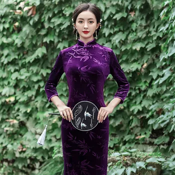  Rudenį Aksomo Vidurio rankovėmis Cheongsam Ilgai, Plius Dydis Tradicinę Kinų Stiliaus Qipao Vakarą Vestuvių Suknelė Moterims Motina Šalis