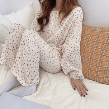  rudenį ilgomis rankovėmis moterų pižama 2 dalių komplektas medvilnė 100% minkšta laisvi namų drabužių ponios pižamos vyšnių sleepwear loungewear