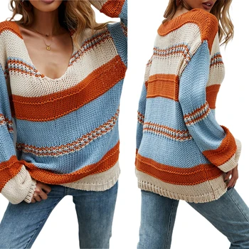  Rudenį naujų mados atsitiktinis moterų laisvi megztiniai megztinis, suaugusiųjų spalvos blokų sandūrų juostele long sleeve V-kaklo Megztinis (Puloveris)