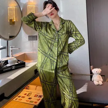  Satino Pižama Print Lady Sleepwear Atsitiktinis Loungewear Rudenį Du Gabalus Marškinėliai&Kelnės Minkštos Intymus Apatinis Trikotažas Namų Drabužiai