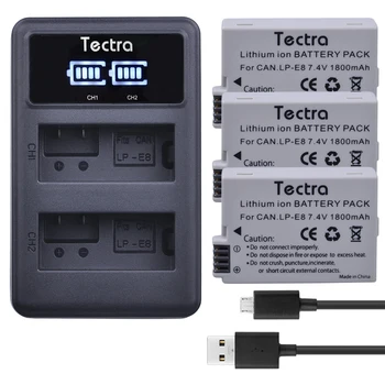  Tectra 3x LP-E8 LPE8 LP E8 Pakeitimo Li-ion Kamera Bateria + LED Ekranas, USB Dual Kroviklis Canon Sukilėlių X4 X5 X6i X7 550D