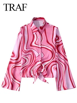  TRAF Moterų Elegantiška Palaidinė Pink Spausdinti Kreivė Atvartas Vieną Krūtinėmis Ilgai Sudegintasis Rankovėmis Marškinėliai Hem Nėrinių Slim Elegantiškos Mados Nauja