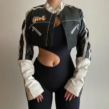  Trumpas spalvų atitikimo odos motociklo striukė moterų 2022 nauja abėcėlė hip-hop waistless PU odos trumpą striukę nemokamas pristatymas