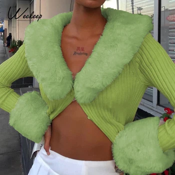  Weekeep Nauji Megztiniai V Kaklo Komplektus Plunksnų Kratinys Trikotažas Mygtuką, susagstomi megztiniai Moterų Streetwear Mados Klubas Šalies Kietas Viršūnes