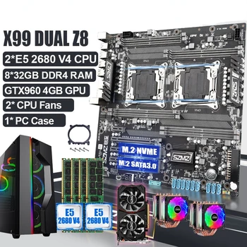  X99 Dual Plokštė Visus Į Vieną Combo Lga 2011-3 su 2vnt E5-2680 V4 CPU ir 8*32GB DDR4 RAM + Vaizdo plokštė + Case + Gerbėjai