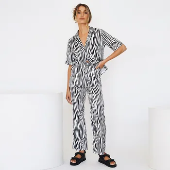  Zebra Sleepwear Marškinėliai Moterims Plonas Pusė Rankovės Pižama Nustatyti 2 Gabalas Pajama Nustatyti Moterų Pasukite Žemyn Apykaklės Išorinis Dėvėti Plonas Namų Drabužiai