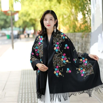  šalikas sustorėjimas kelionės pusėje mados Moterų skara šiltas gėlių siuvinėjimas juoda skara wrappe Kinijos nacionalinio stiliaus raudona Châle