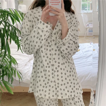  šypsena spausdinti kawaii homewear moterų miego drabužius pajama nustatyti ilgomis rankovėmis susagstomi megztiniai kelnės 2 dalių komplektas 100% medvilnės, patogiai L605